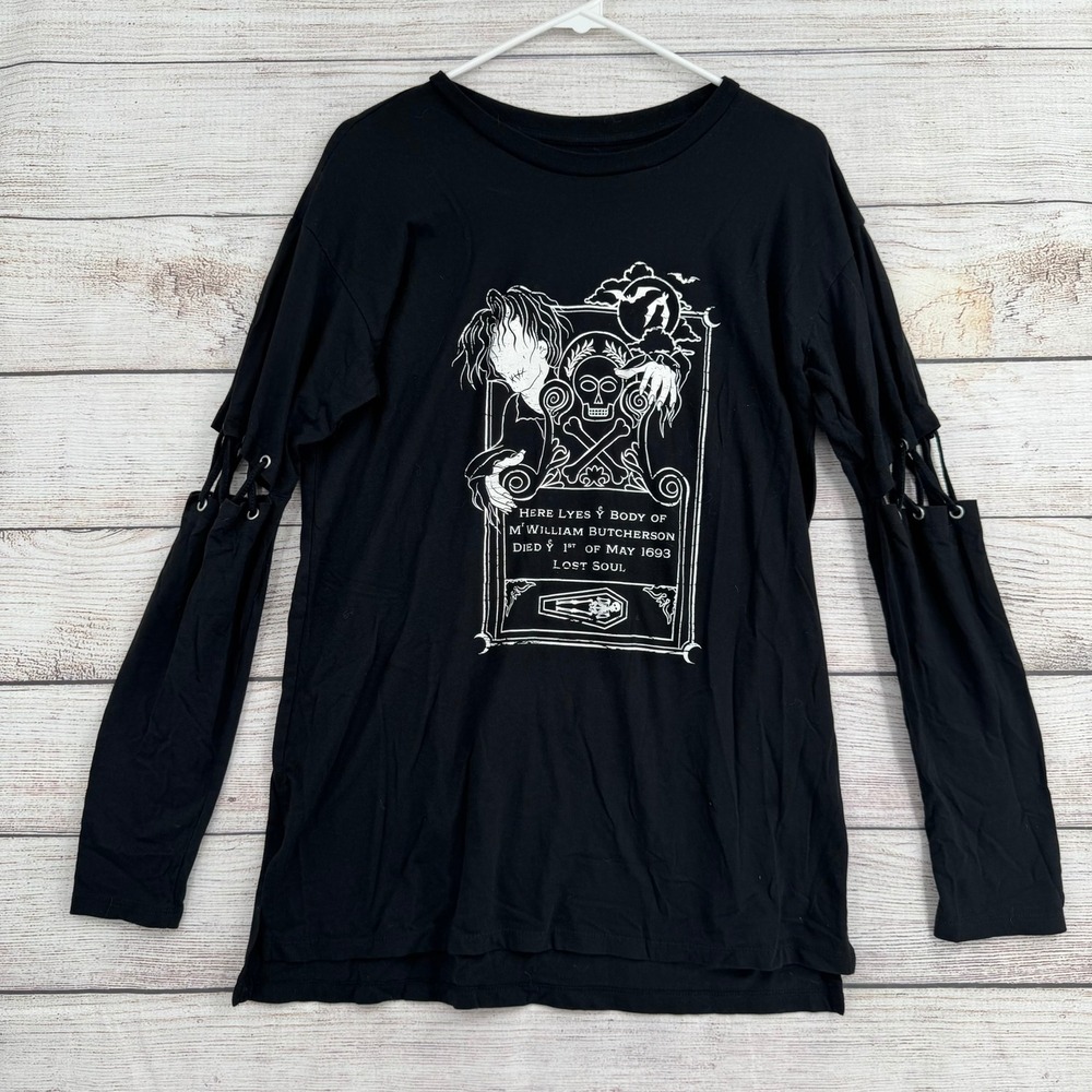 Her Universe Hocus Pocus Billy Butcherson Shirt Women M Black Lace Up Sleeve Tee